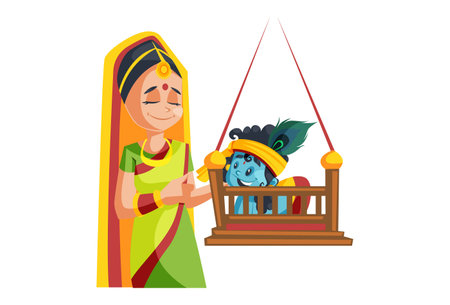 Vector graphic illustration. Lady swinging to the lord Krishna on Janmashtami. Individually on a white background.のイラスト素材