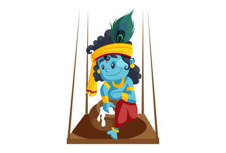 Vector graphic illustration. Lord Krishna is sitting on the swing and eating butter from the clay pot. Individually on white background.のイラスト素材