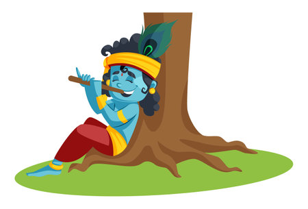 Vector graphic illustration of Lord Krishna playing flute under the tree. Individually on white background.のイラスト素材