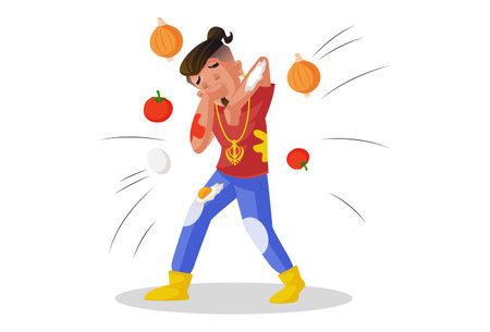 Vector graphic illustration. Boy is giving a bad performance on stage and people throwing vegetables on the boy. Individually on a white background.のイラスト素材