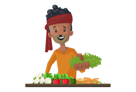 Vector graphic illustration. Vegetable seller is selling vegetables. Individually on a white background.のイラスト素材