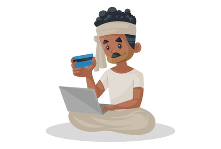 Vector graphic illustration. Indian Bihari man is holding laptop and ATM card in hand. Individually on a white background.のイラスト素材