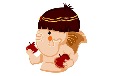 Vector graphic illustration. Lord Ganesh is holding the apple in both hands and eating. Individually on white background.のイラスト素材