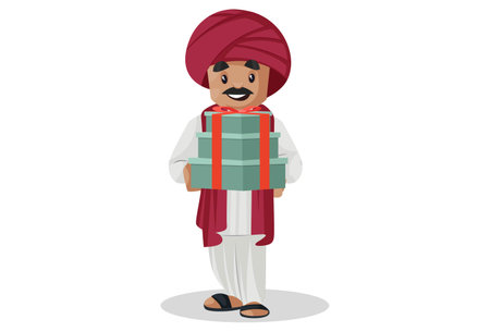 Vector graphic illustration. Indian Gujarati man is holding gift boxes in hand. Individually on a white background.のイラスト素材