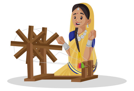 Vector graphic illustration. Indian Gujarati woman is working on a spinning wheel. Individually on a white background.のイラスト素材