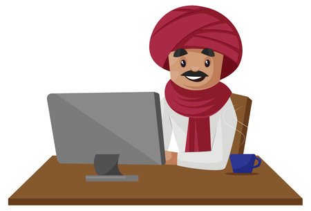 Vector graphic illustration. Indian Gujarati man is working on a laptop. Individually on a white background.のイラスト素材
