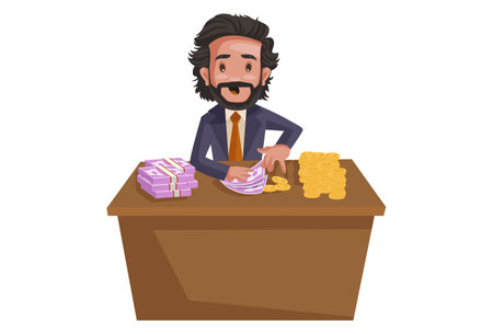 Vector graphic illustration. Investment advisor is sitting and counting money on the desk. Individually on white background.のイラスト素材