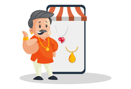 Vector graphic illustration. Indian male jeweler is showing jewelry design on mobile phone. Individually on a white background.のイラスト素材