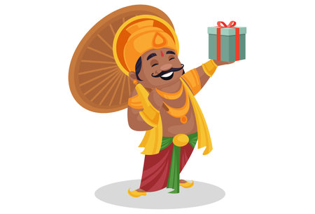 Vector graphic illustration. King Mahabali is holding a gift box in hand. Individually on a white background.のイラスト素材