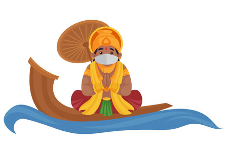 Vector graphic illustration. King Mahabali is wearing a mask and sitting on a water boat. Individually on a white background.のイラスト素材