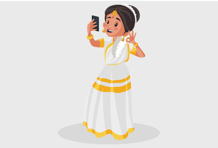 Vector graphic illustration. Indian Malayali woman is taking selfie in the mobile phone. Individually on a grey background.のイラスト素材