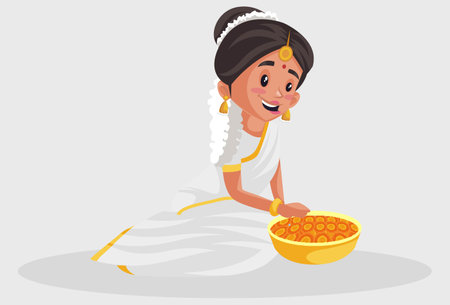 Vector graphic illustration. Indian Malayali woman is sitting with a flower basket. Individually on a grey background.のイラスト素材