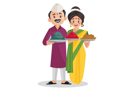 Vector graphic illustration. Indian Marathi couple is holding sweets and color plate in her hands. Individually on a white background.のイラスト素材