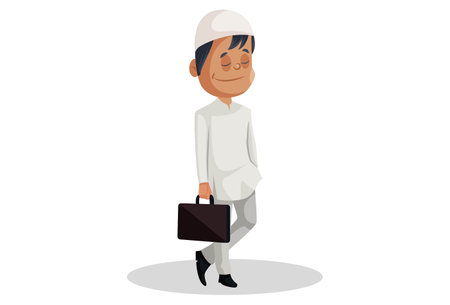 Vector graphic illustration. Indian Muslim man is holding a briefcase in hand. Individually on white background.のイラスト素材
