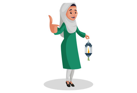 Vector graphic illustration. Muslim woman is holding the lantern in hand and showing thumbs-up. Individually on white background.のイラスト素材