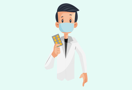 Vector graphic illustration. Laboratory boy is holding medicine in hand. individually on a colored background.のイラスト素材