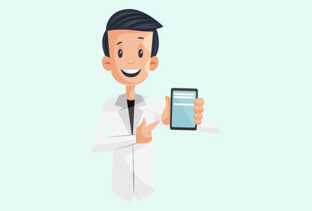 Vector graphic illustration. Laboratory boy is showing mobile for online medicine order. individually on a colored background.のイラスト素材