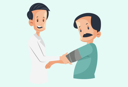 Vector graphic illustration. Laboratory boy is checking a man's blood pressure. individually on a colored background.のイラスト素材
