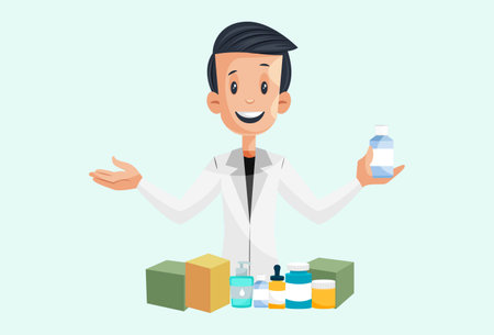 Vector graphic illustration. Laboratory boy is showing medicines and sanitizer. individually on a colored background.のイラスト素材