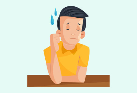 Vector graphic illustration. Laboratory boy is sitting sad. individually on a colored background.のイラスト素材