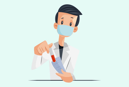 Vector graphic illustration. Laboratory boy is holding the test tube and paper in hand. individually on a colored background.のイラスト素材