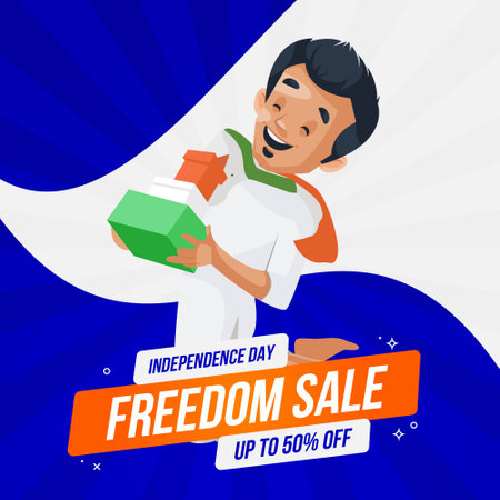 Indian boy is jumping and holding gifts in his hands. Independence day banner design. Vector cartoon illustration.のイラスト素材