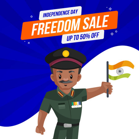 Indian army man is holding the flag in hand on the independence day sale banner design. Vector cartoon illustration.のイラスト素材