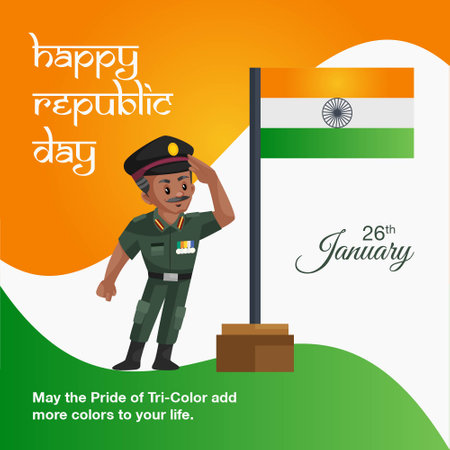 Indian army man is giving a salute to the Indian flag. Happy republic day banner design. Vector cartoon illustration.のイラスト素材