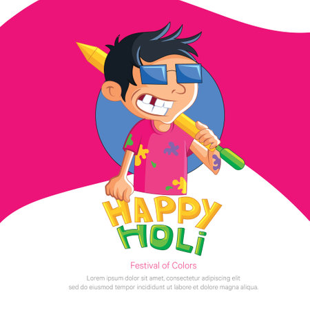 Happy Holi banner design. Indian boy is holding pichkari on his shoulder and ready to play Holi. Vector cartoon illustration.のイラスト素材