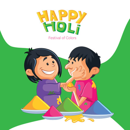 Happy Holi banner design. Indian boys are playing Holi. Vector cartoon illustration.のイラスト素材