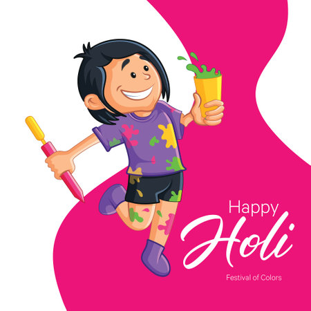 Happy holi banner design. Indian boy with holi colors and pichkari. Vector cartoon illustration.のイラスト素材