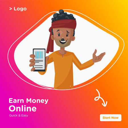 Banner design of earn money online. Indian man showing mobile phone. Vector graphic illustration.のイラスト素材