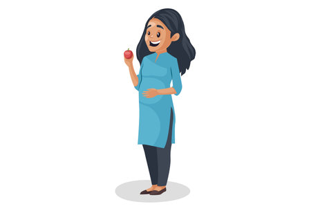 Vector graphic illustration. Pregnant woman is eating an apple. Individually on a white background.のイラスト素材