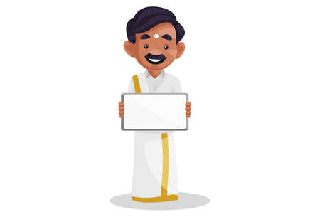 Vector graphic illustration. Tamil man is holding an empty board. Individually on white background.のイラスト素材