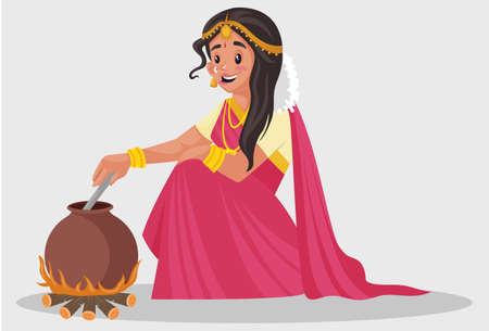 Vector graphic illustration. Tamil woman is cooking food in a pot. Individually on grey background.のイラスト素材