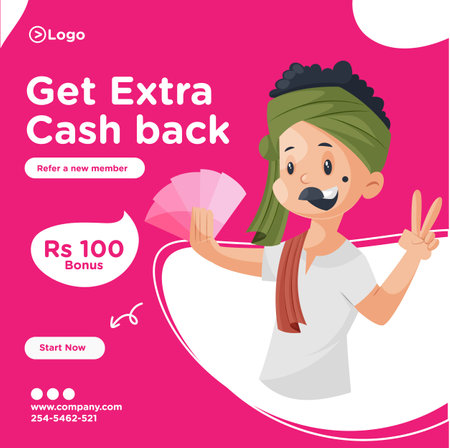 Get extra cash back banner design. Milkman holding money in hand and showing a victory sign. Vector graphic illustration.のイラスト素材