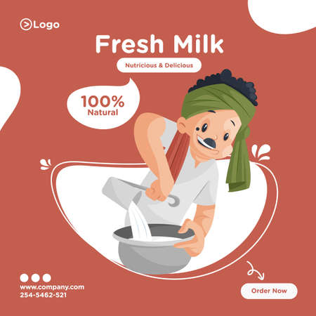 Fresh milk banner design. Milkman is giving milk to the customer with milk measure equipment. Vector graphic illustration.のイラスト素材