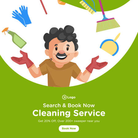 Search and book now cleaning service banner design. Cleaning man with cleaning equipment. Vector graphic illustration.のイラスト素材
