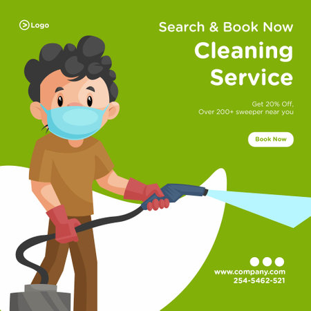Search and book cleaning service banner design. Cleaning man wearing a surgical mask and holding vacuum cleaner. Vector graphic illustration.のイラスト素材