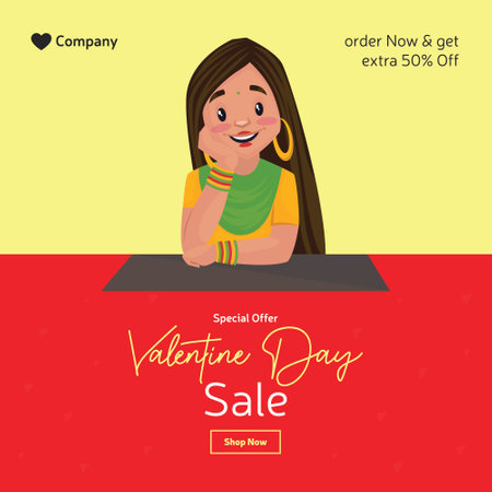 Valentine day sale banner design. Girl is thinking. Vector graphic illustration.のイラスト素材