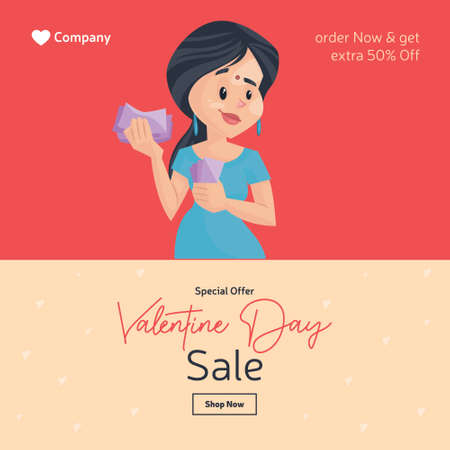 Valentine day sale banner design. Girl is counting money in hand. Vector graphic illustration.のイラスト素材