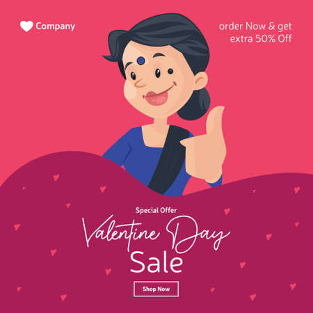 Valentine day sale banner design. Woman is showing thumbs up sign. Vector graphic illustration.のイラスト素材