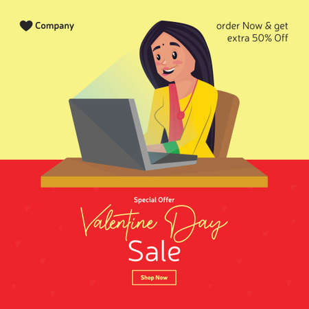 Valentine day sale banner design. Girl is working on the laptop. Vector graphic illustration.のイラスト素材