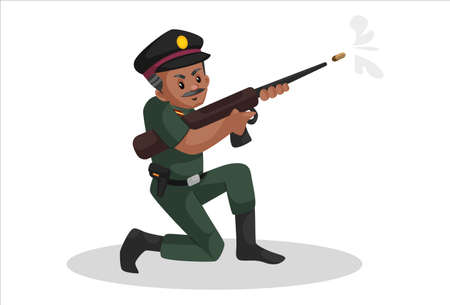 Army man is sitting on his knee and firing with a rifle. Vector graphic illustration. Individually on a white background.のイラスト素材