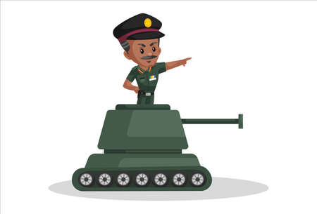 Army man is standing on a military tank and pointing from the finger. Vector graphic illustration. Individually on a white background.のイラスト素材