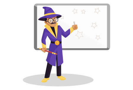 Astrologer is holding a stick in hand and writing on a board with other hand. Vector graphic illustration. Individually on white background.のイラスト素材