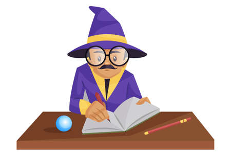 Astrologer is writing in a notebook with a pen. Vector graphic illustration. Individually on white background.のイラスト素材