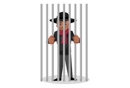 Vector graphic illustration. Don is in the prison cell and holding the prison bars with hands. Individually on white background.のイラスト素材