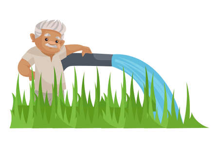 Vector graphic illustration. Farmer is standing with water tubewell. Individually on a white background.のイラスト素材