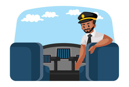 Vector graphic illustration. Pilot is sitting on the plane and looking backside. Individually on a white background.のイラスト素材